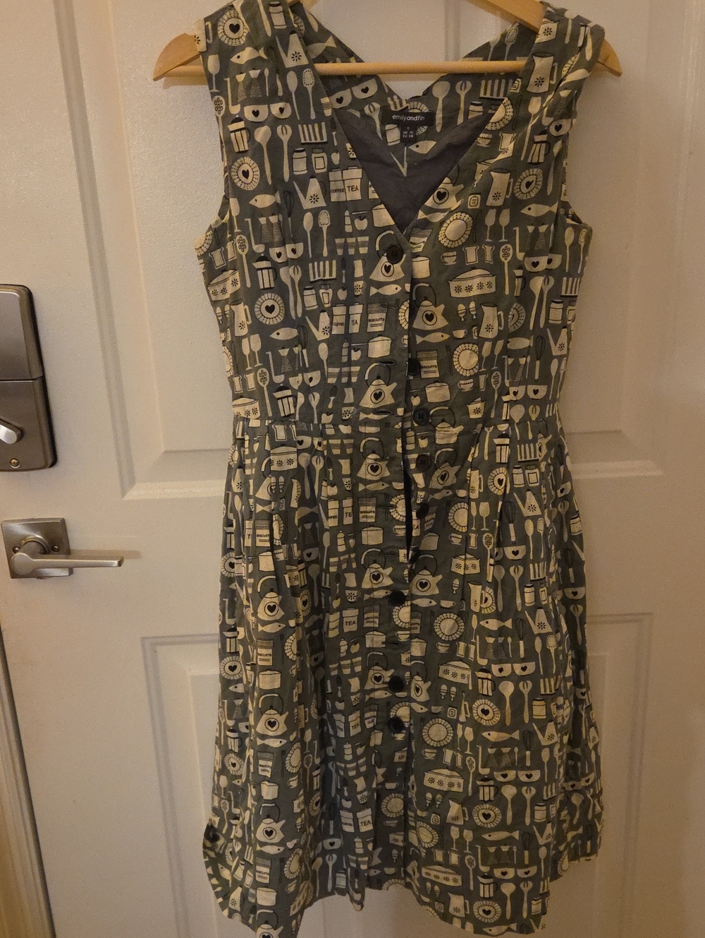 Emily And Finn Sleeveless Gray Kitchen Print Cotton Dress